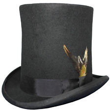 Black 100% Wool Felt Stove Pipe Lincoln High Top Hat Hand Made With Feather