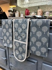 Mulberry Tea Towel & Double Oven Glove Set Grey Natural Kitchen 100% Cotton Gift