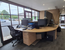 Office Reception Desk Counter with Curved Front & Oak Top – Used, Great Conditio