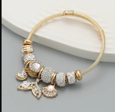 Beige Gold Mermaid Shell Charm Bracelet Women Panjiadora Style Crystal Bangle
