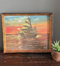 Vintage Framed 50s Mid-Century Textured Oil Painting Signed Sail Boat Ship