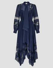 Monsoon Florence Lace Insert Pleated Midi Dress Size 12 NEW Navy Blue RRP £150