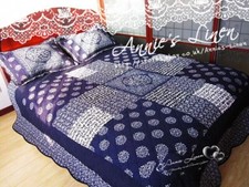 Laura Ashley Navy Shabby Country Patchwork Quilt Bedspread/Throw+2 Pillow Cases