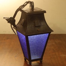 Vintage Porch Lantern / Hall Light, blue patinated glass, ready to fit