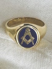 9ct Gold Swivel Masonic Ring Blue Enamel Freemason Masonic Ring Sz W, 7.8g