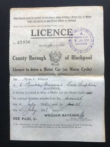 1930 vehicle driver licence - vehicle, driver's