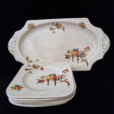 Gorgeous Art Deco Staffordshire Pottery Sandwich Tray and 6 Plates "Parrots"