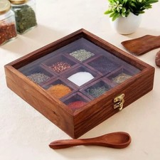 Wooden Spice Box with Glass Lid – 9 Sections & Spoon Square Masala Storage Dabba