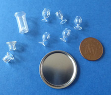 Very fine tiny wine glasses, 5, vase, + 2 , tray, 1/12th, doll's house collector