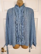Womens Blue Spotted Ruffle Pussybow Button Down Shirt L UK 14 - 16 Sheer Chiffon