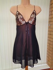 S9 M&S SHEER BLACK CHIFFON LACE BABYDOLL NIGHTIE SLIP CHEMISE 14 NWOT