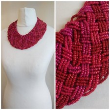 Fuchsia Pink, Red​ Braided Seedbead Chunky Wide Statement Necklace