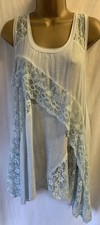 Italian Bow Blue Cotton & Lace Size Large Lagenlook Asymmetrical Sleeveless Top
