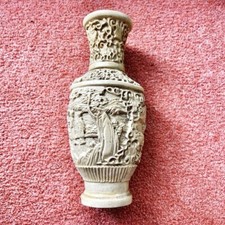 Antique Ivory Cream Chinese Carved Soapstone Vase Celestial Maiden Garden Scene