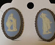 1" x 5/8" Vintage Wedgwood Style Blue & White Cameo Clip-On Earrings Oval Shape