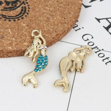 5 x Stunning Gold Plated Blue Mermaid Pendant Charms with Rhinestone Detail