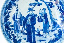 Antique Chinese Blue White Porcelain Plate Three Star Gods Qing 19th Century