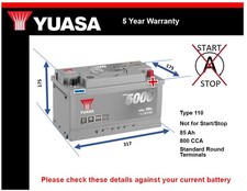 Car Battery YBX5110 Yuasa 110 800A 85Ah 5Yr WTY 317x175x175 Silver High Perf.