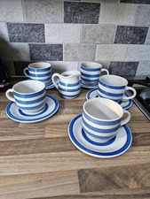 Vintage Trade Winds Blue & White Cornish Stripe Pattern 5 tea cups saucers jug