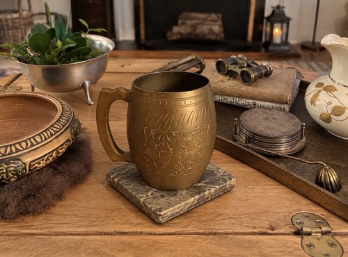Vintage engraved brass tankard - vintage,