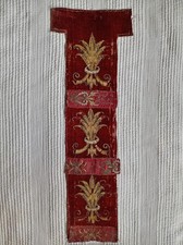 ANTIQUE 18th C. ECUMENICAL GOLD WIRE EMBROIDERY ON RED VELVET SILK-LINED FABRIC