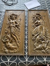 Antique Art Nouveau Angel And Cherub Cast Iron Wall Hanging Plaques X2 Day/night