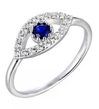Sterling Silver 925 Simulated BLUE SAPPHIRE & CZ Evil Eye Ring size J to S