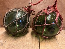 TWO VINTAGE GREEN GLASS BALLS JAPANESE FISHING FLOATS WITH NETS
