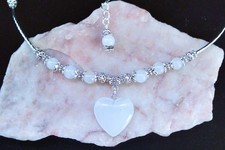 White Jade 20mm Heart & Tibetan Silver Curved Bead Necklace. Handmade In Purse