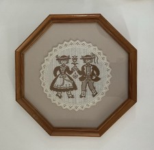 Unusual Vintage Octagonal Wood Framed Folk Art Picture Of Boy & Girl