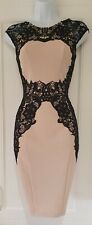 Womens Lipsy Nude Black Guipure Lace Stretch Occasion Wiggle Dress 10 Vgc.