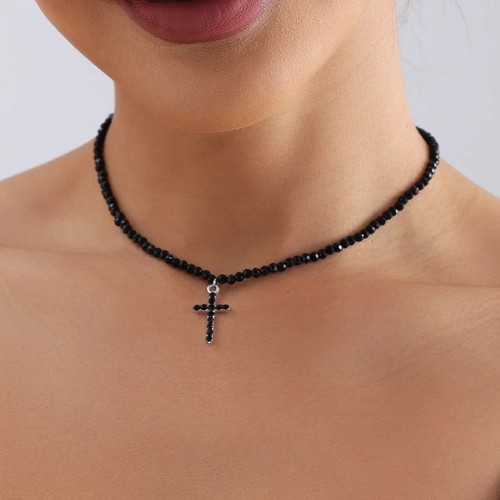 Black beaded cross - black,