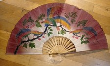 Large Vintage Hand-Painted Bird Oriental Wall Fan Decorative Cloth Bamboo