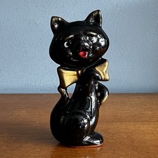 Vintage Kitsch Pottery Black Cat Ornament Japan 1960s Ceramic Figurine