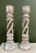 Pair of Vintage Wooden Barley Twist Candle Holder Stick Circular Base distressed