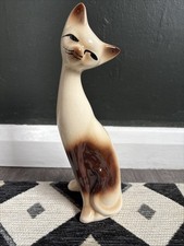 Vintage 1970s Glazed Ceramic Cat Ornament Brown White