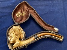 SUPERB ANTIQUE MEERSCHAUM PIPE, TURKISH MILITARY OFFICE, AMBER STEM, CASED.