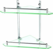 S024 Bathroom Glass Corner Shelf , Chromed Brass mount will never rust 355x250mm