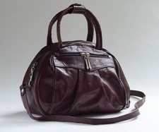 WINE / BURGUNDY LEATHER BOWLING BAG / TOP HANDLE TOTE WITH CROSSBODY STRAP , S/M