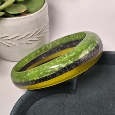 Chunky Asymmetric Stripe Resin Bangle Green Black Statement Bold Fun Plastic