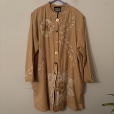 Indigo Moon Beige Cotton & Linen Blend Long Jacket. Embroidered Lace Boho Hippy 