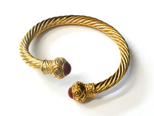 Twisted Torque Gold Plated Bracelet Bangle With Red Stones Signed PT (StM)