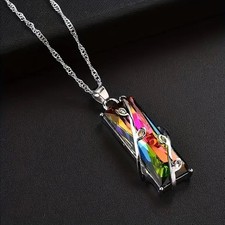 Women Silver Metal Long Multicoloured Rectangular Rhinestone Pendant Necklace