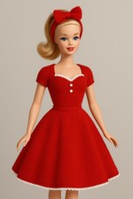 Barbie Knitting Pattern 1950s Cherry Café Outfit Skirt Dress Top & Bow Headband