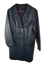 Unbranded Blue Leather Trench Mac Jacket Womans Size 38' Belt Double Breasted