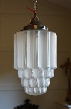 1930s ART DECO STEPPED SKYSCRAPER FROSTED GLASS PENDANT CEILING LIGHT LAMP