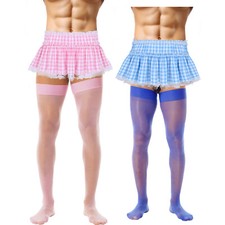 UK Sissy Mens Satin Lace Frilly Mini Skirt Pleated Crossdresser Thigh High Socks