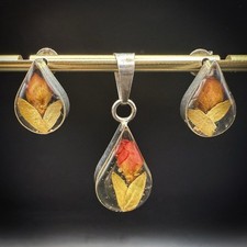 Unusual 925 Silver Dried Flower Teardrop Pendant & Earrings Set,Handcrafted