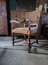 Superb Stylish Unusual Victorian Scroll Arm Mahogany Armchair In Stripey Velvet
