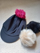 Shires Horse Riding  Hat Cover - Black Stretch - with three detachable Pom Poms